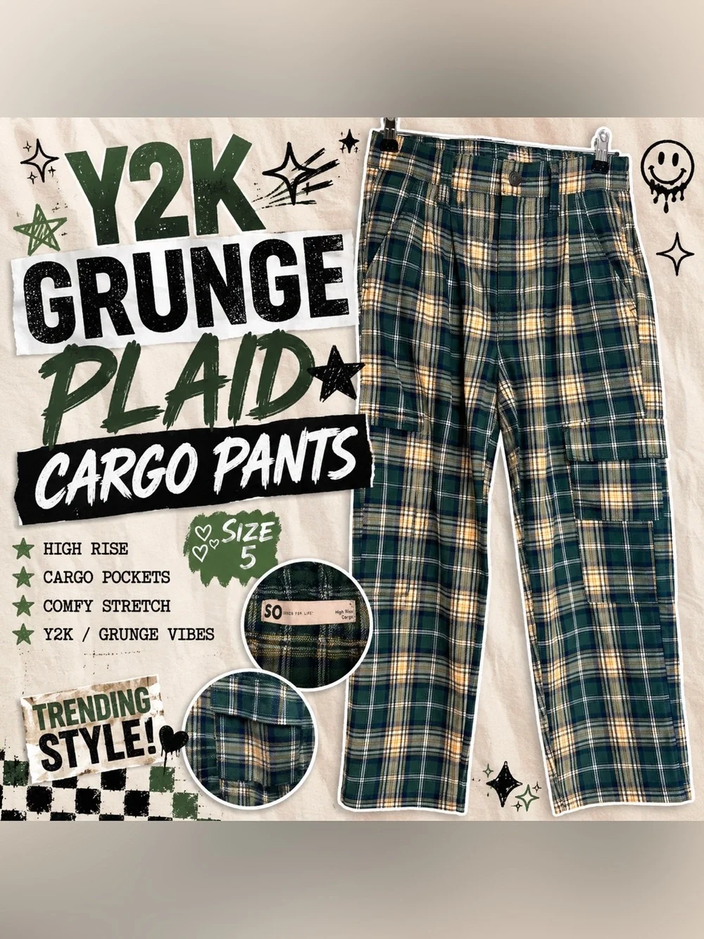 SO High Rise Plaid Cargo Pants Size 5 Green Grunge Y2K Wide Leg